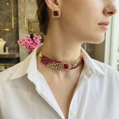 Ruby Red Ad Polki Choker Necklace Set