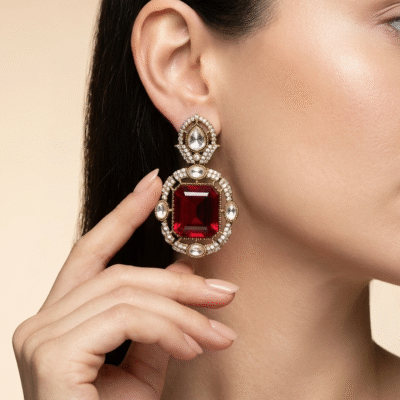 Gold Plated Red Stone Studded Drop Earrings