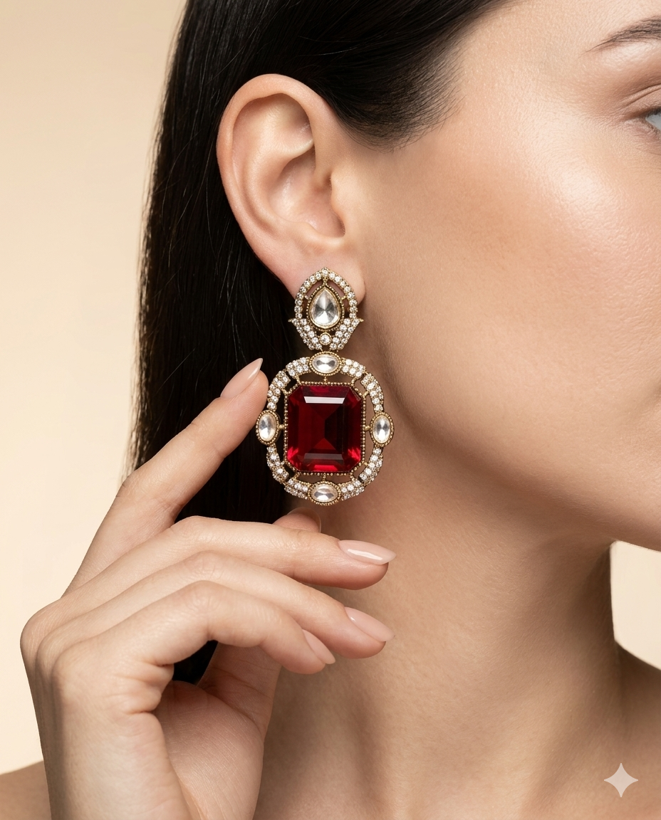 Gold Plated Red Stone Studded Drop Earrings
