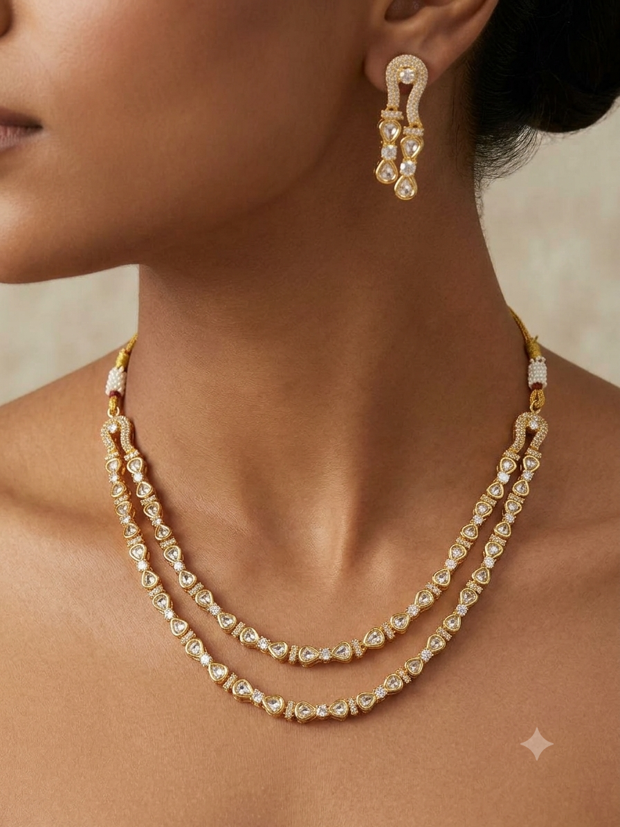 Kundan Double Layer Chain Necklace Set