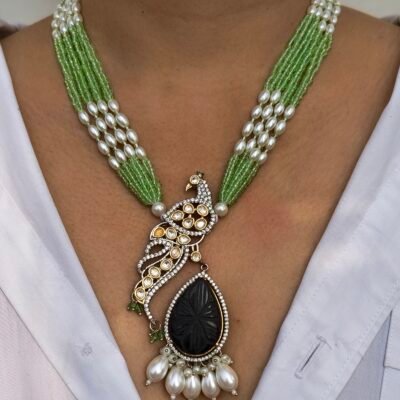 Peacock Pendant Necklace With Black Onyx And Green Beads