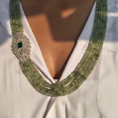 Multi-Strand Green Beaded Necklace With Emerald Diamond Brooch, Matching Earring