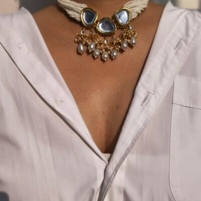 Kundan Statement Choker With Pearl Strand And Drops, Matching Earring