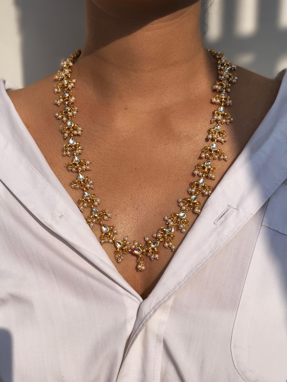 Kundan And Pearl Cluster Chain Necklace