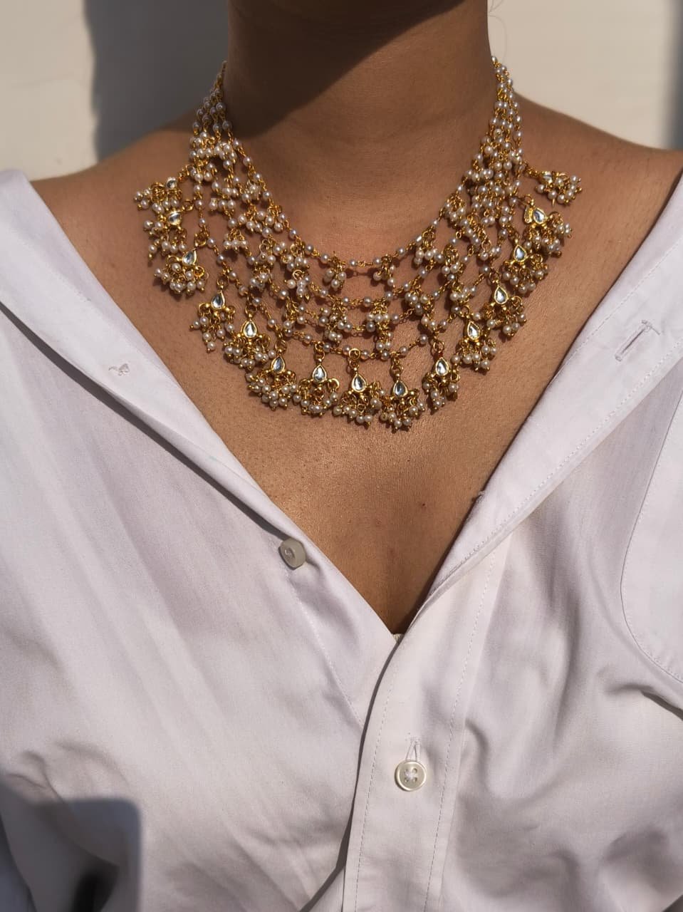 Multi-Strand Pearl Cluster Choker With Kundan Drops