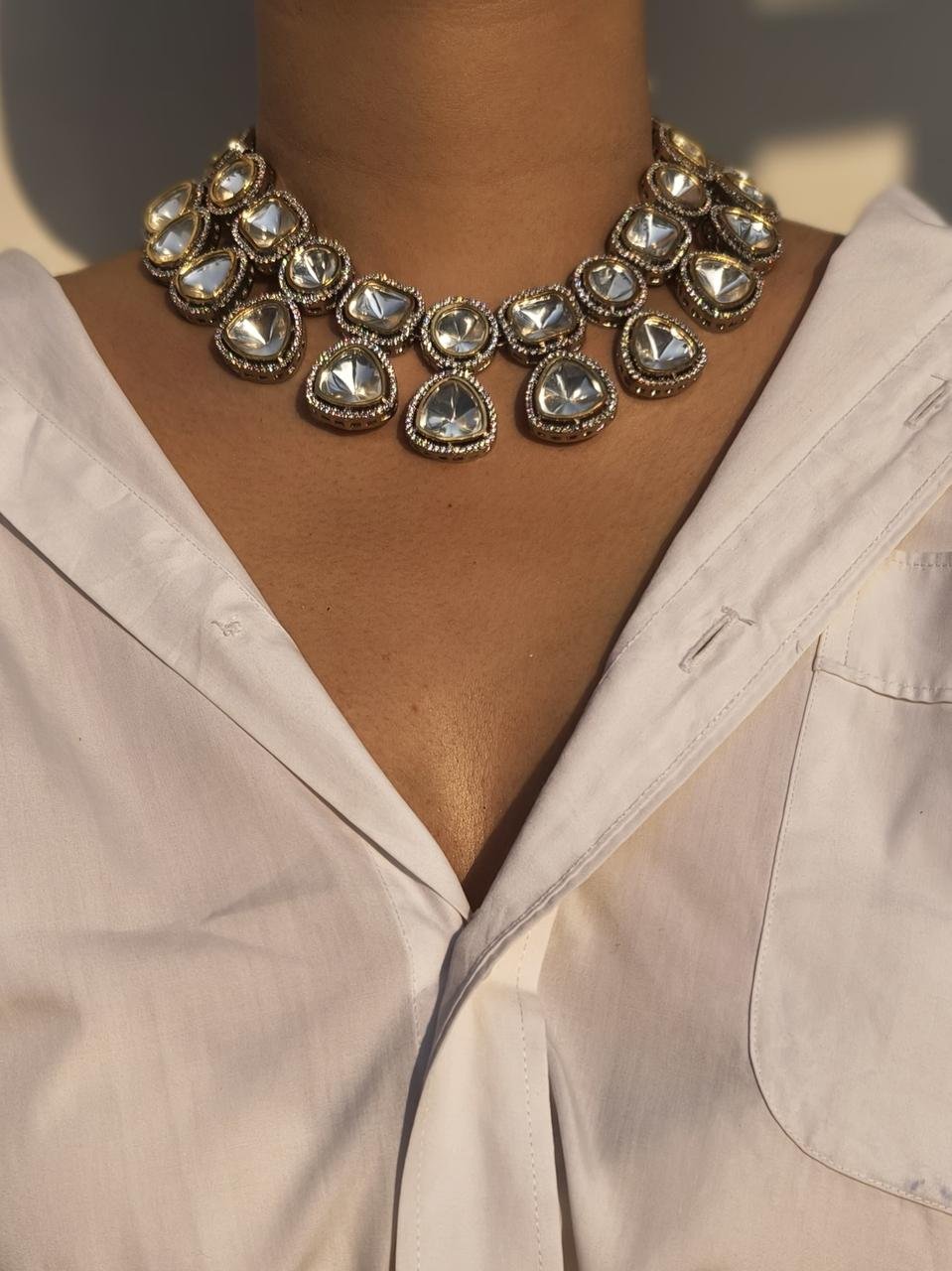 Kundan Polki Diamond Statement Necklace, Matching Earrings