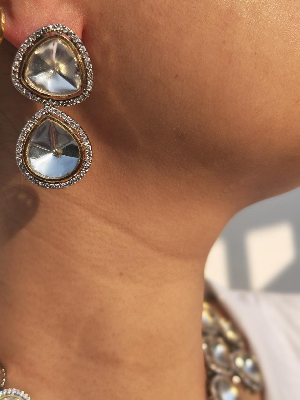 Kundan Polki Diamond Statement Necklace, Matching Earrings - Image 3