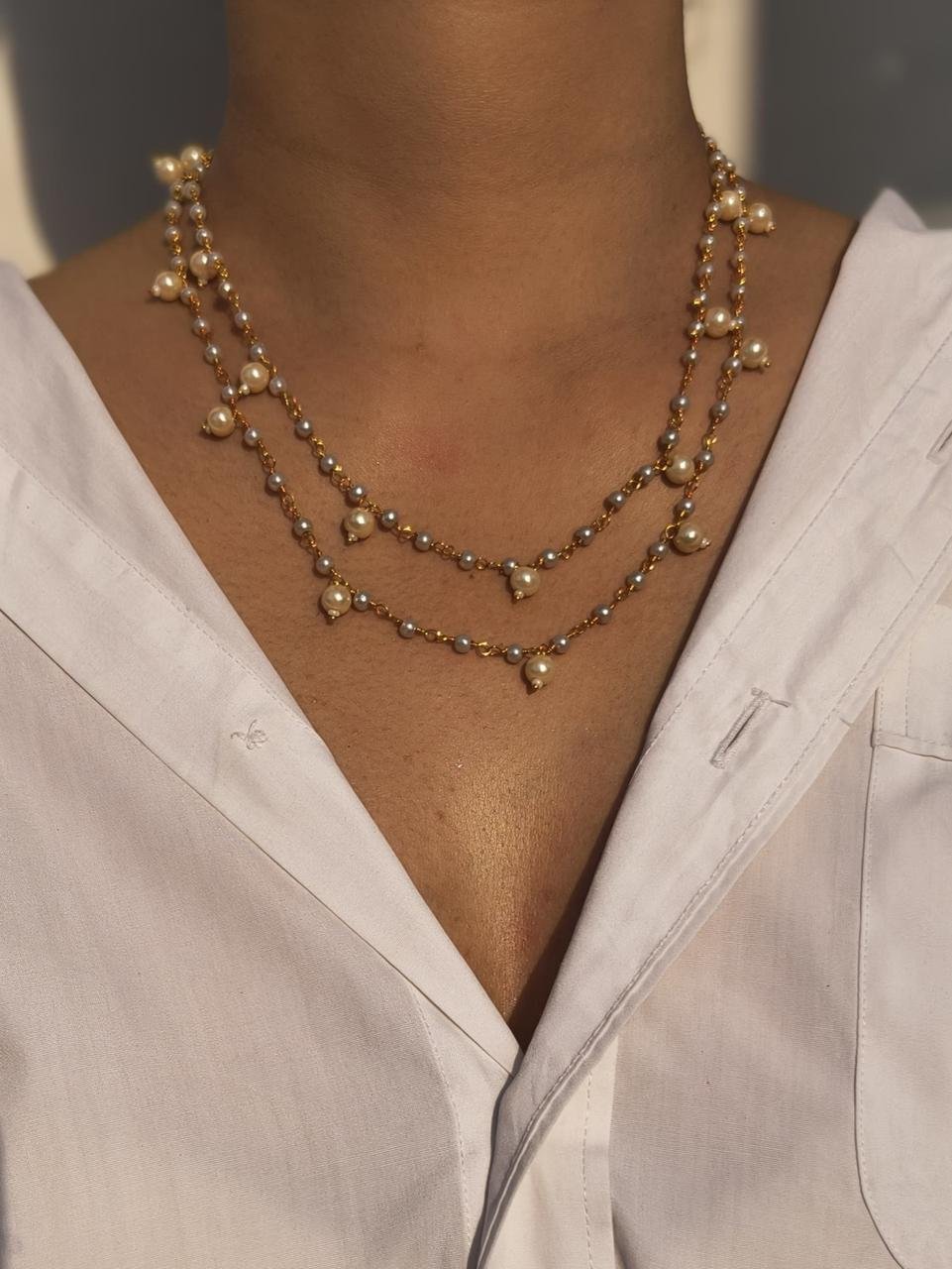 Layered Pearl Chain Necklace With Dangling Pearl Drops - Image 2