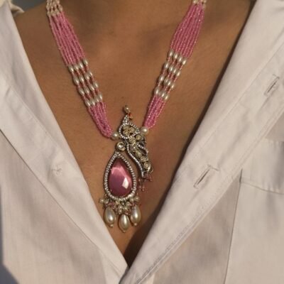 Peacock Pendant Necklace With Pink Stone And Pearl Tassels, Matching Earring
