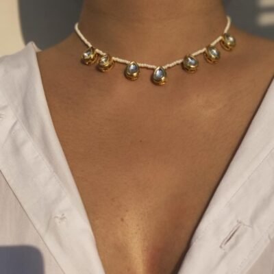 Pearl Beaded Necklace With Gold Kundan Drop Charms