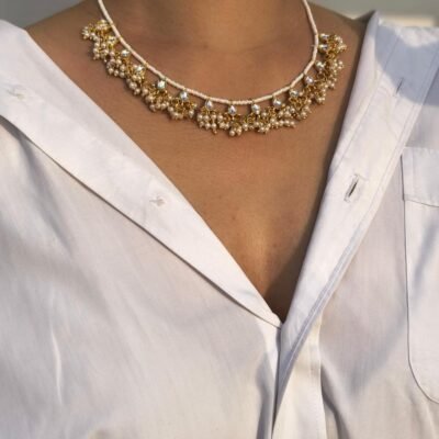 Pearl Beaded Necklace With Kundan Drops