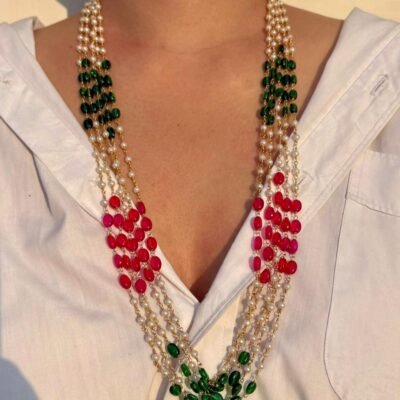 Multi-layer pearl, ruby aur emerald beaded necklace