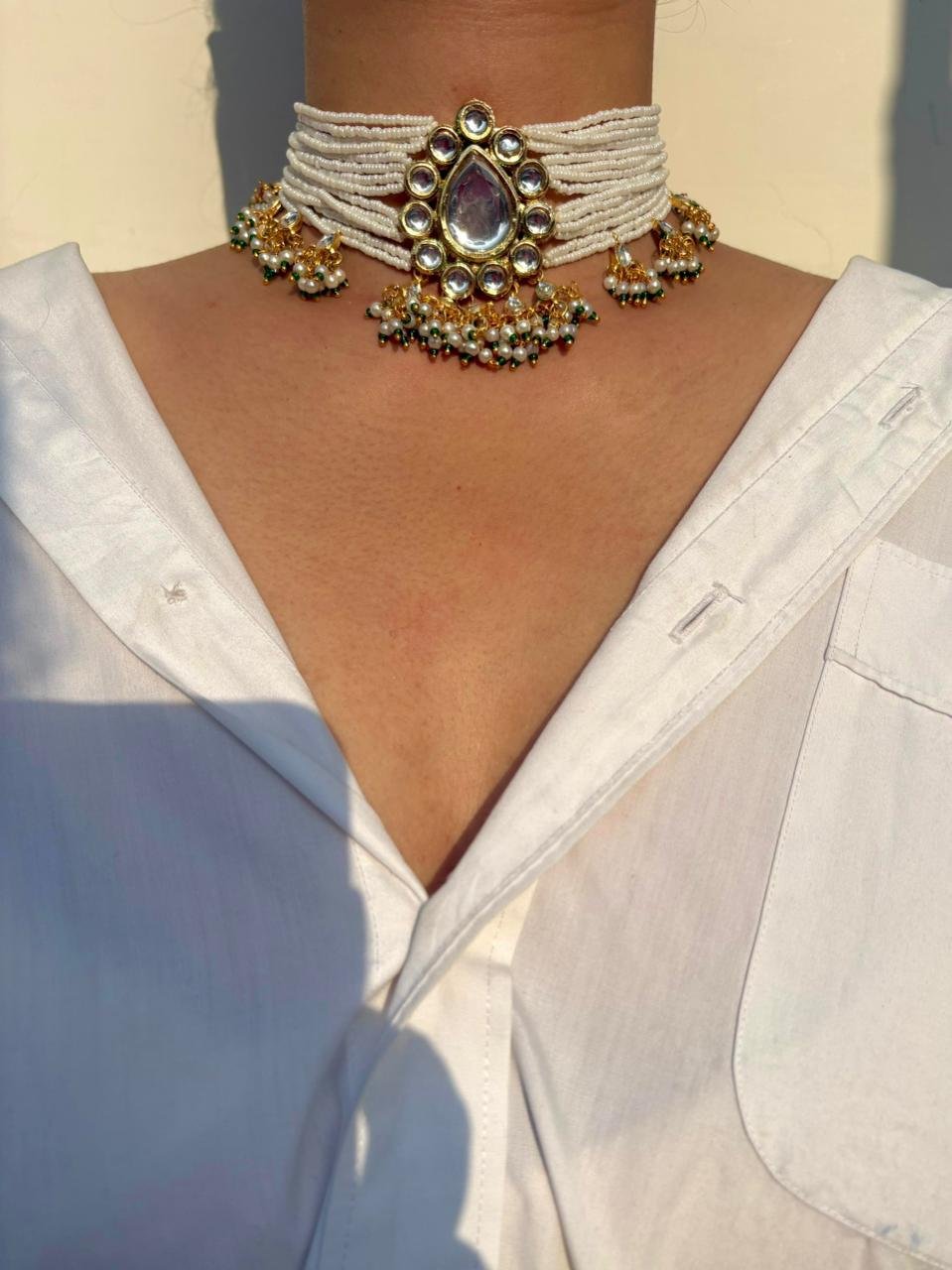 Gold Plated Kundan Multi-Layer Pearl Beaded Choker with Pearl Tassels for Women, Bridal Wear