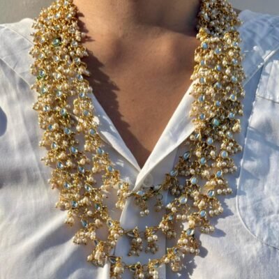 Gold Plated Kundan Multi-Layer Pearl Cluster Necklace Set for Women, Bridal Wear