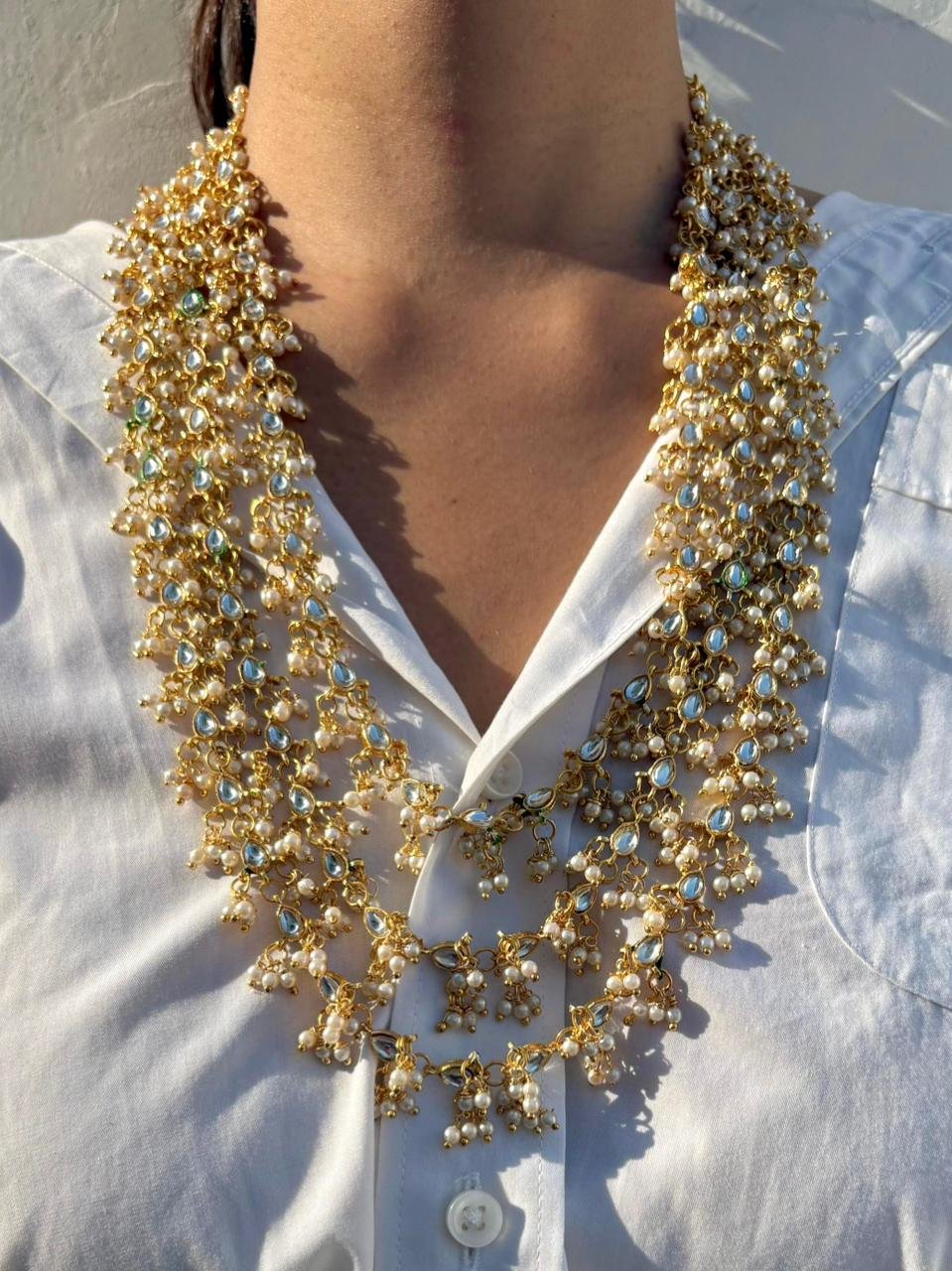 Gold Plated Kundan Multi-Layer Pearl Cluster Necklace Set for Women, Bridal Wear