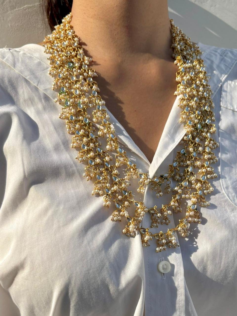 Gold Plated Kundan Multi-Layer Pearl Cluster Necklace Set for Women, Bridal Wear - Image 2