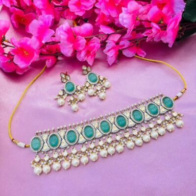 Kundan Choker Necklace Set With Turquoise Stone Pearls