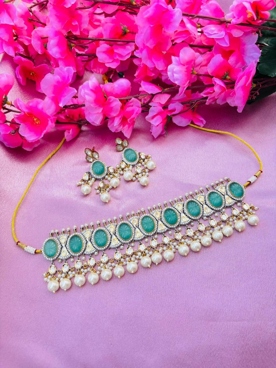 Kundan Choker Necklace Set With Turquoise Stone Pearls