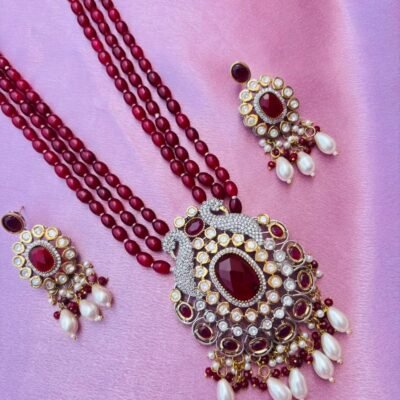 Maroon Beaded Peacock Pendant Necklace Set For Women
