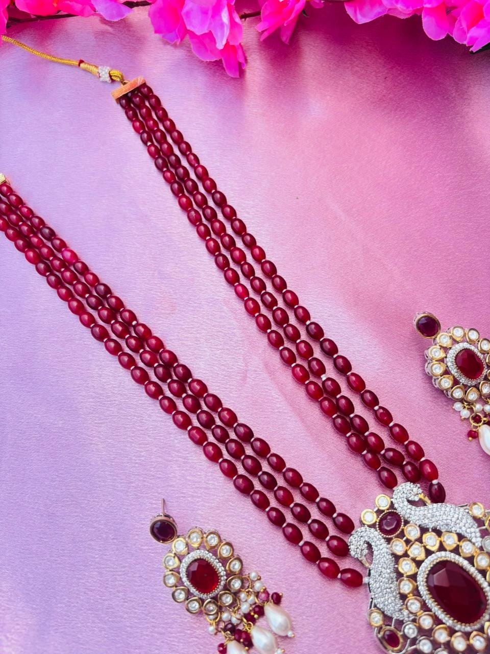 Maroon Beaded Peacock Pendant Necklace Set For Women - Image 2