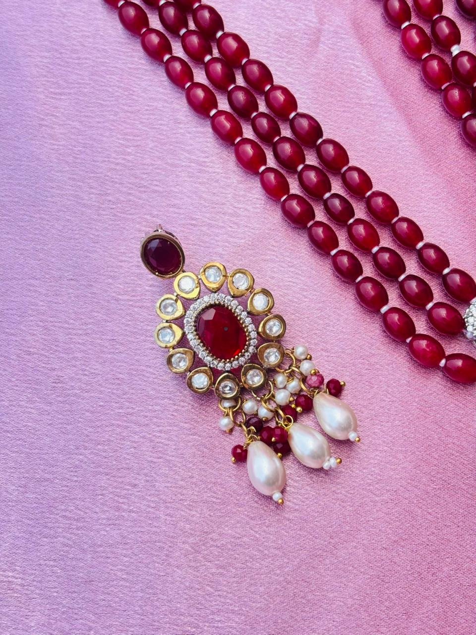 Maroon Beaded Peacock Pendant Necklace Set For Women - Image 5