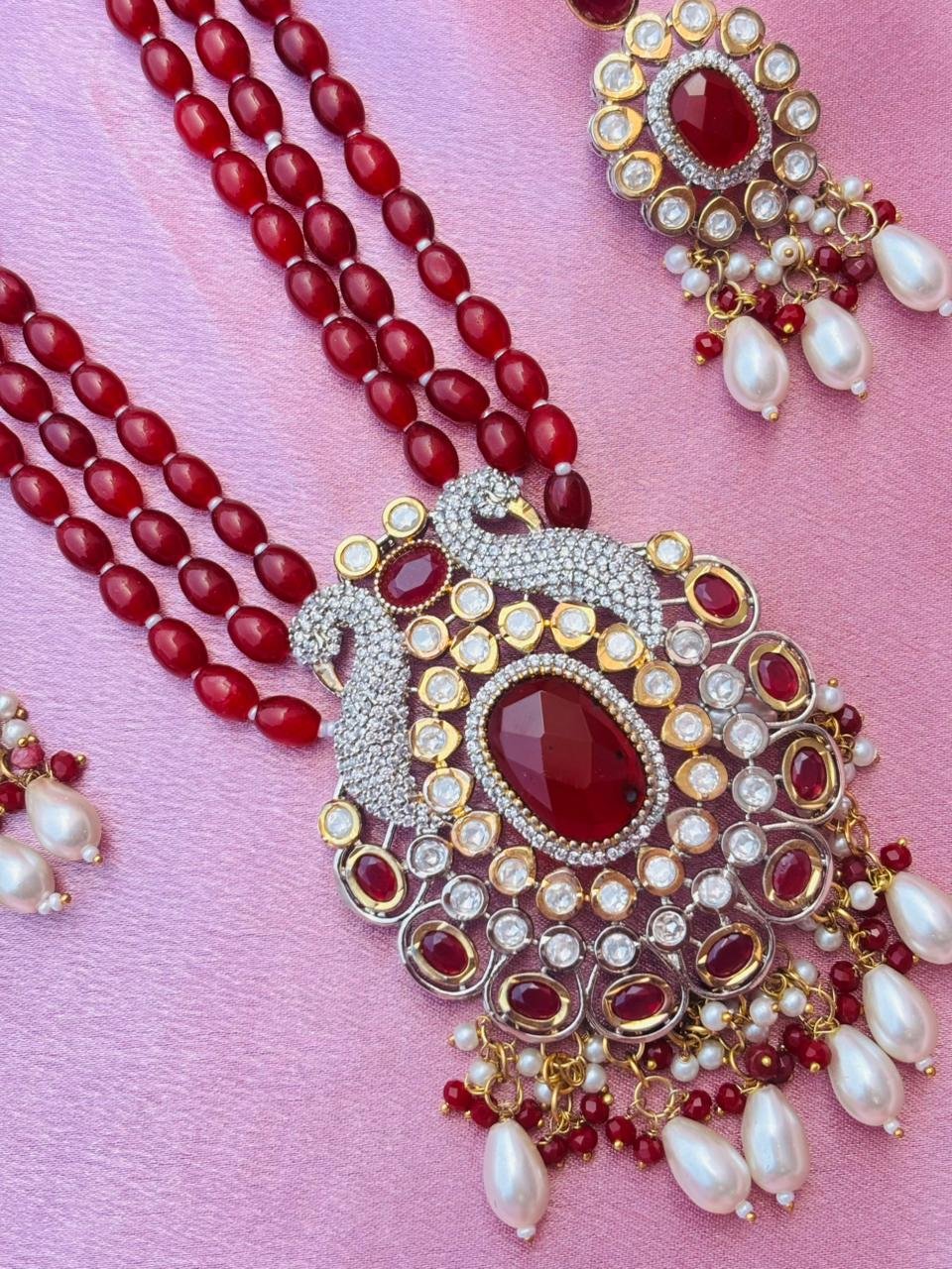 Maroon Beaded Peacock Pendant Necklace Set For Women - Image 3