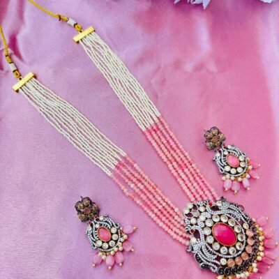 Multi Layer Beaded Necklace Set With Pink Stone Pendant