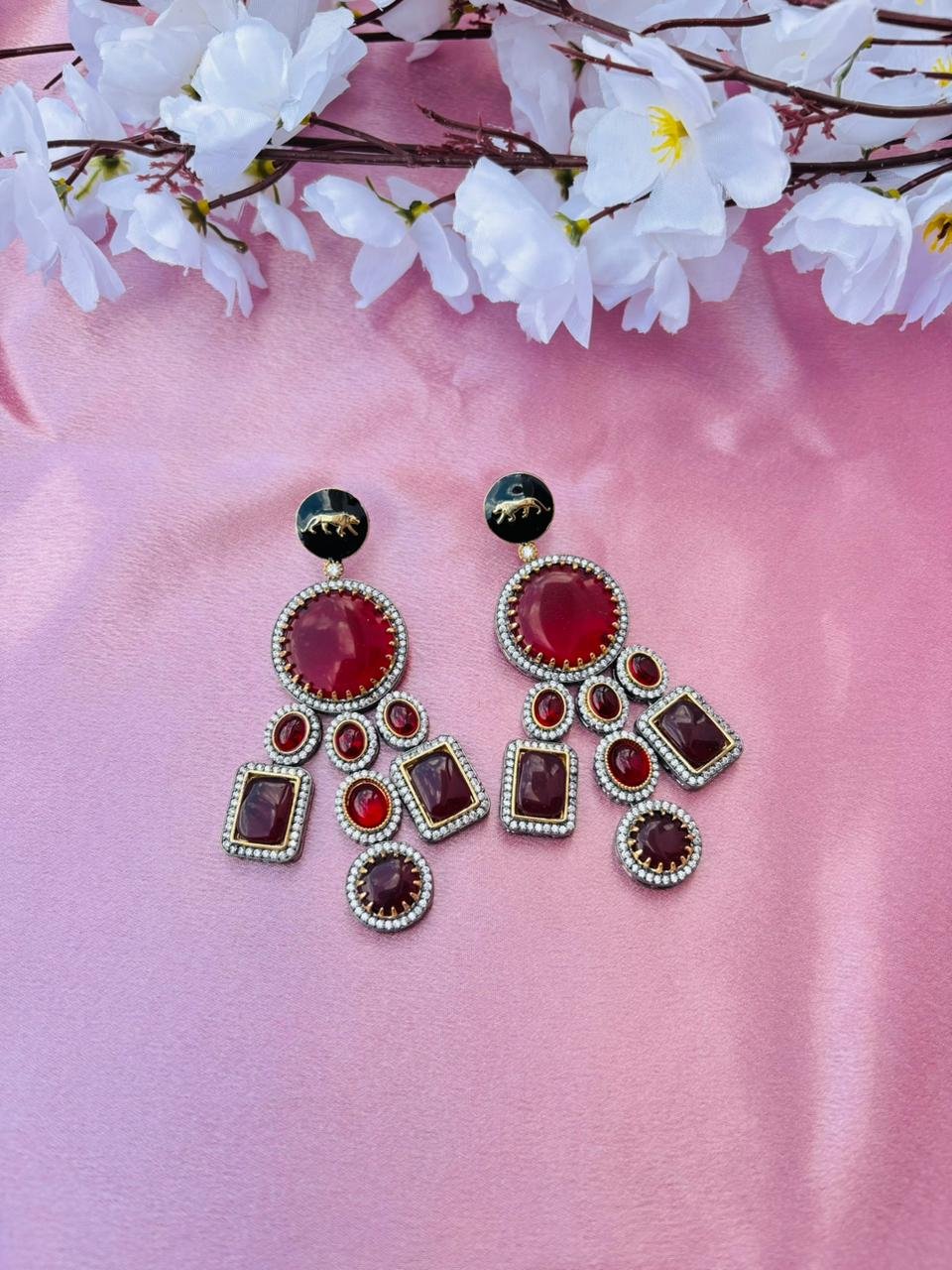 Victorian Lion Enamel Statement Earrings – Red Multi-Stone