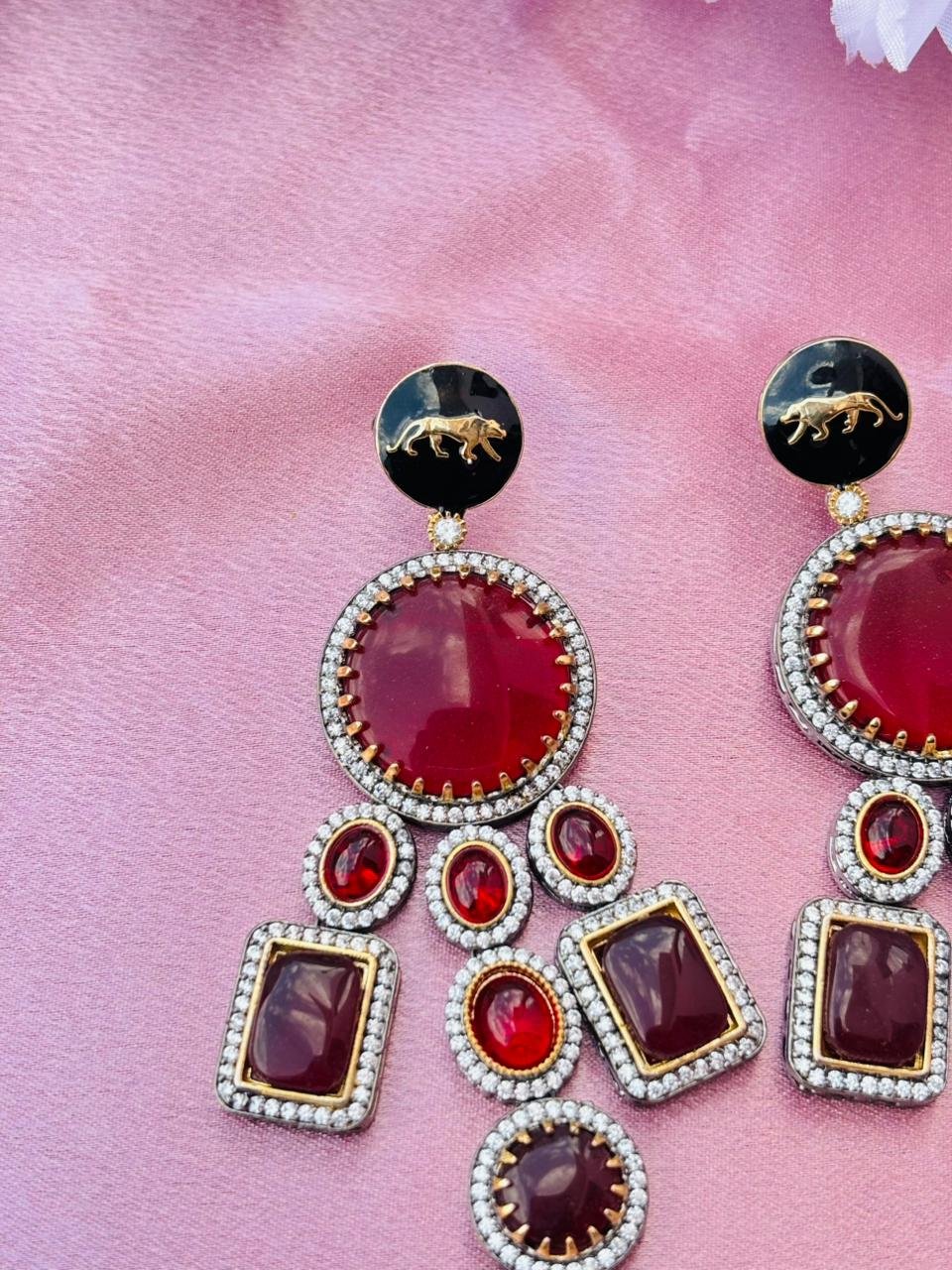 Victorian Lion Enamel Statement Earrings – Red Multi-Stone - Image 2