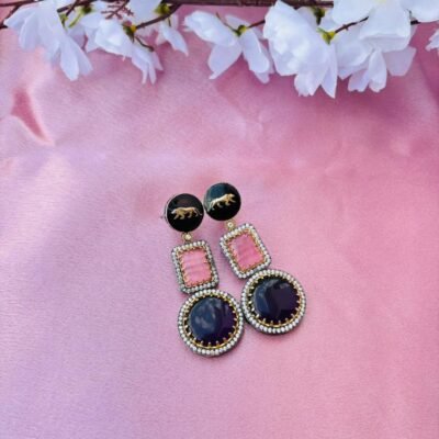 Victorian Lion Enamel Drop Earrings – Pink & Purple Stone