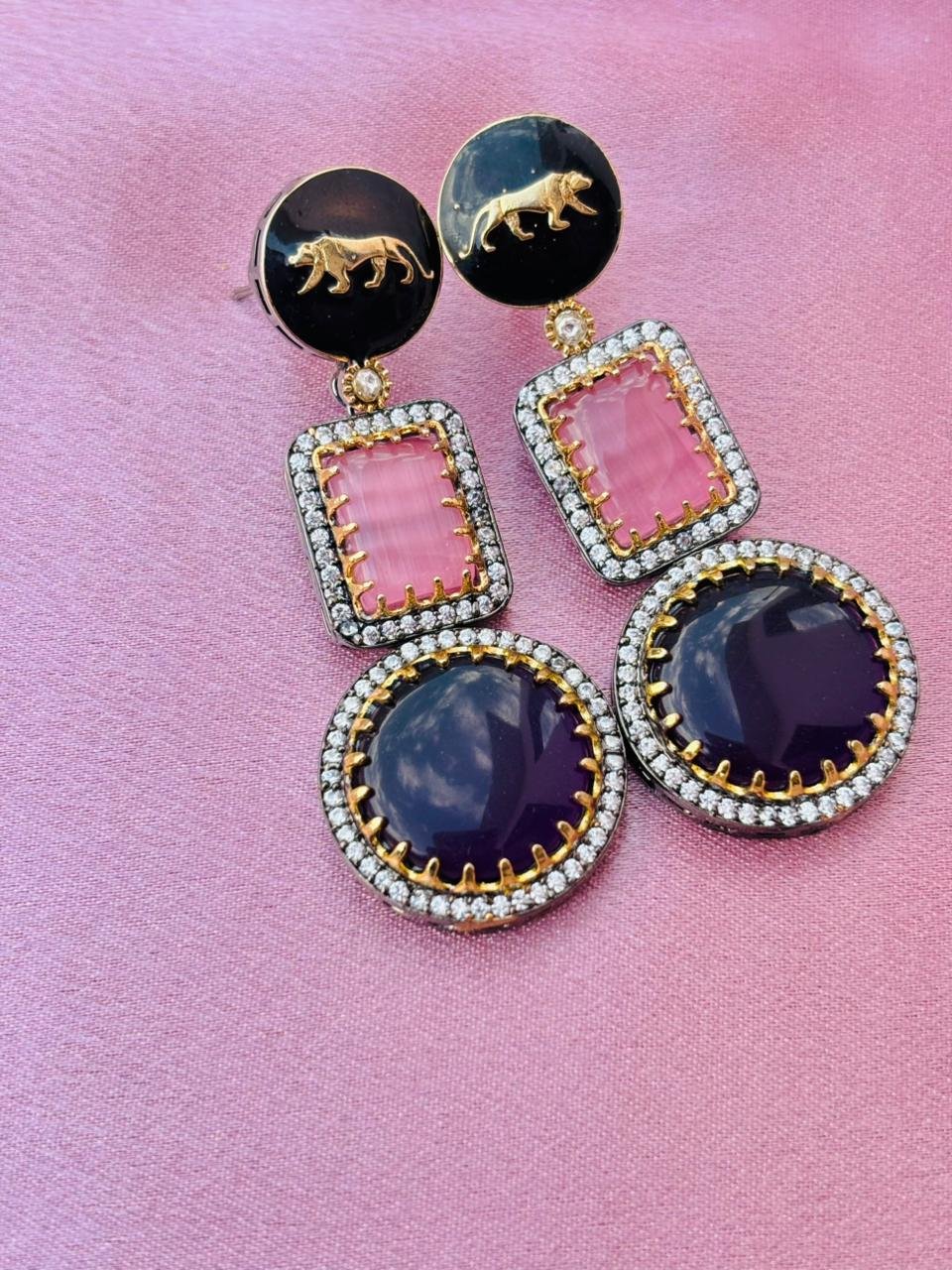 Victorian Lion Enamel Drop Earrings – Pink & Purple Stone - Image 2