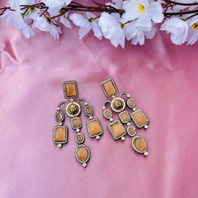 Victorian Lion Head Chandbali Earrings – Peach Cat's Eye Stone