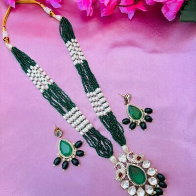 Green Beaded Peacock Pendant Necklace Set For Women