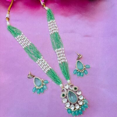 Mint Green Beaded Peacock Pendant Necklace Set For Women