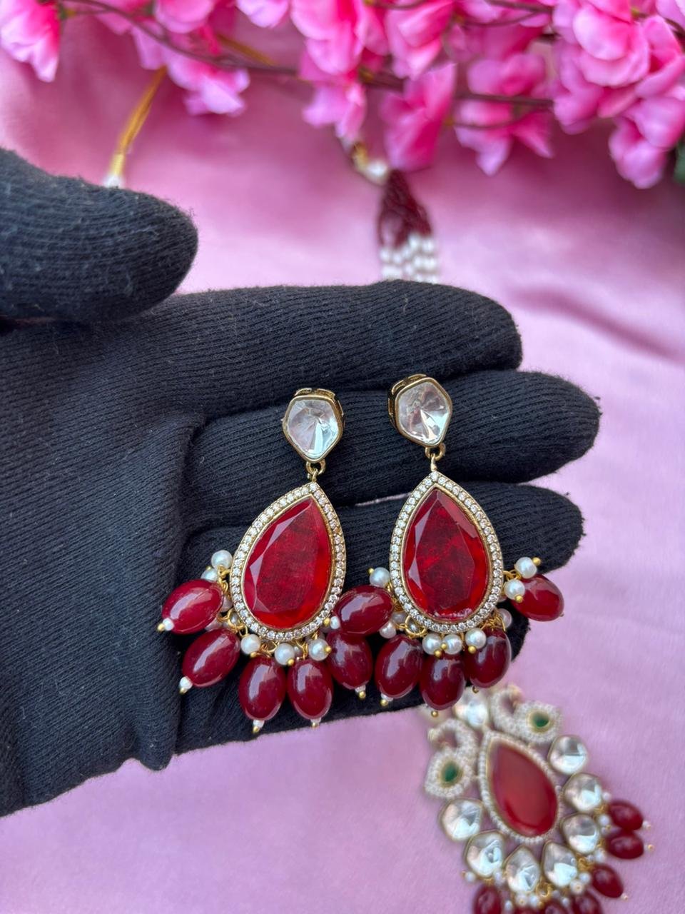 Maroon Beaded Peacock Pendant Necklace Set For Women - Image 5