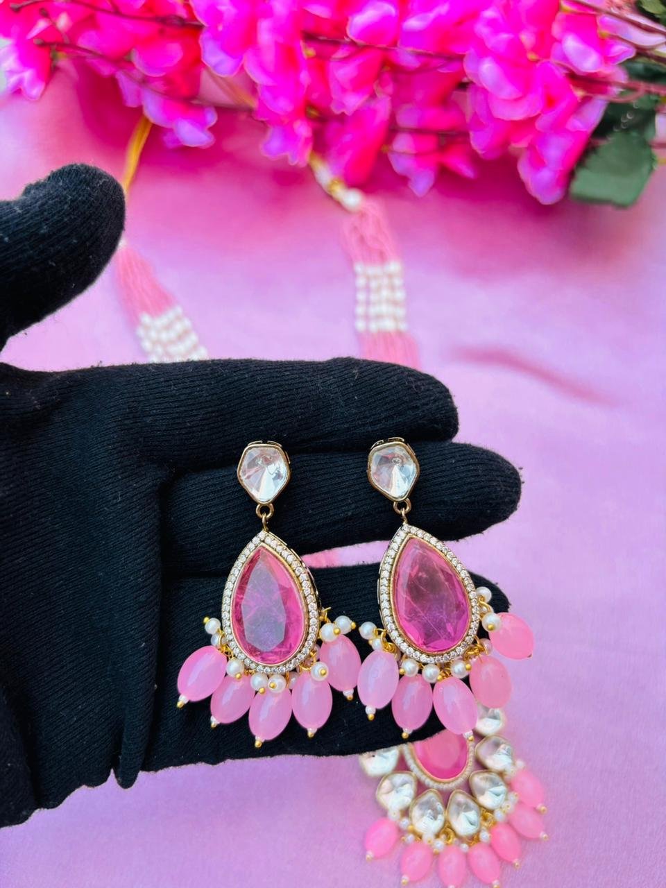 Pink Beaded Peacock Pendant Necklace Set For Women - Image 5