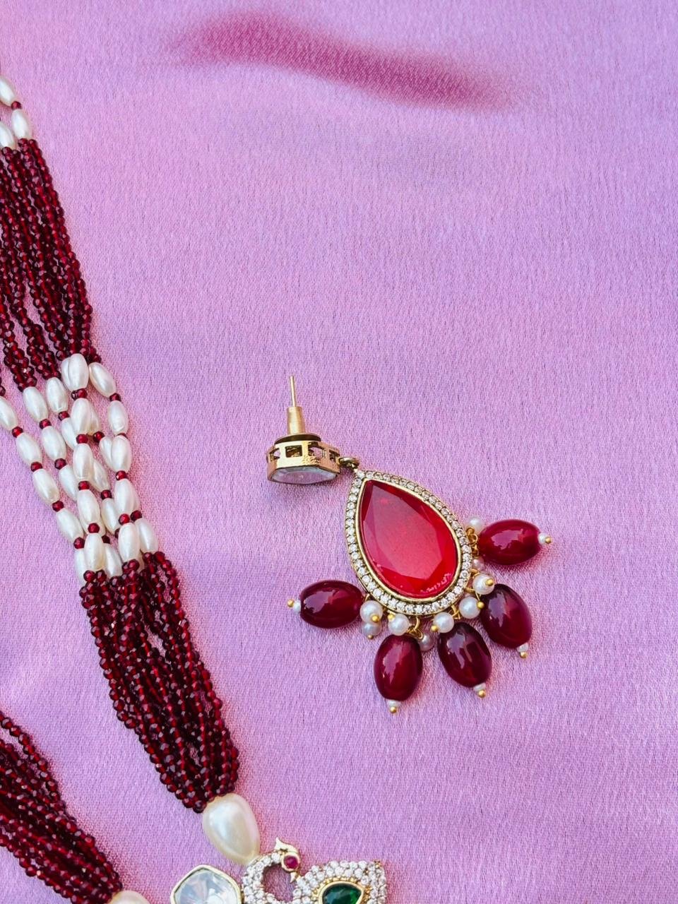 Maroon Beaded Peacock Pendant Necklace Set For Women - Image 3