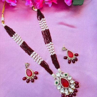 Maroon Beaded Peacock Pendant Necklace Set For Women