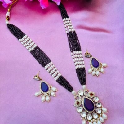 Purple Beaded Peacock Pendant Necklace Set For Women