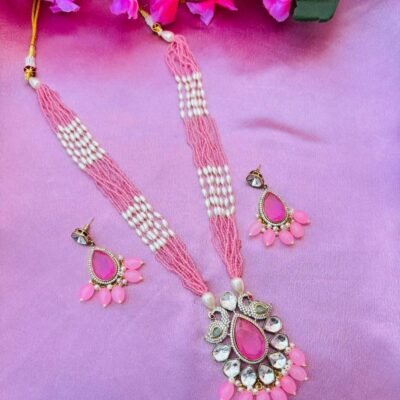Pink Beaded Peacock Pendant Necklace Set For Women