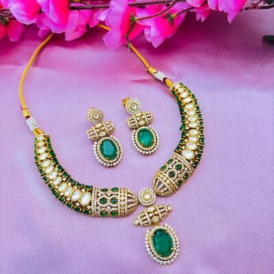 Emerald Green Kundan Polki Necklace Set