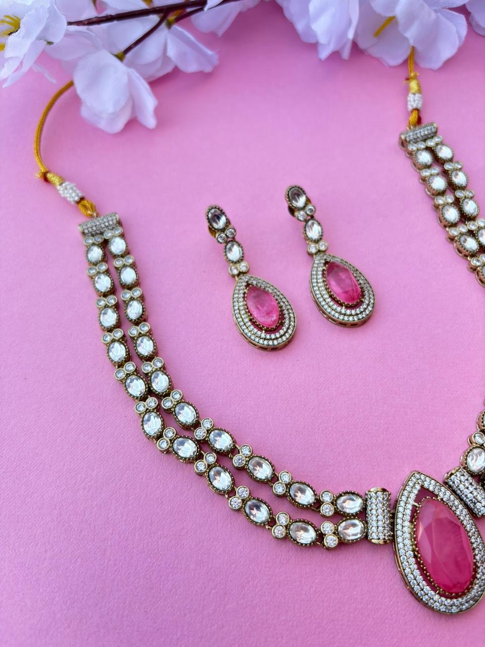 American Diamond Layered Necklace Set With Pink Stone - Image 2