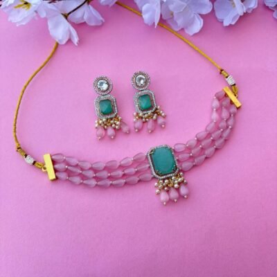 Pink Beaded Necklace Set With Teal Stone Pendant