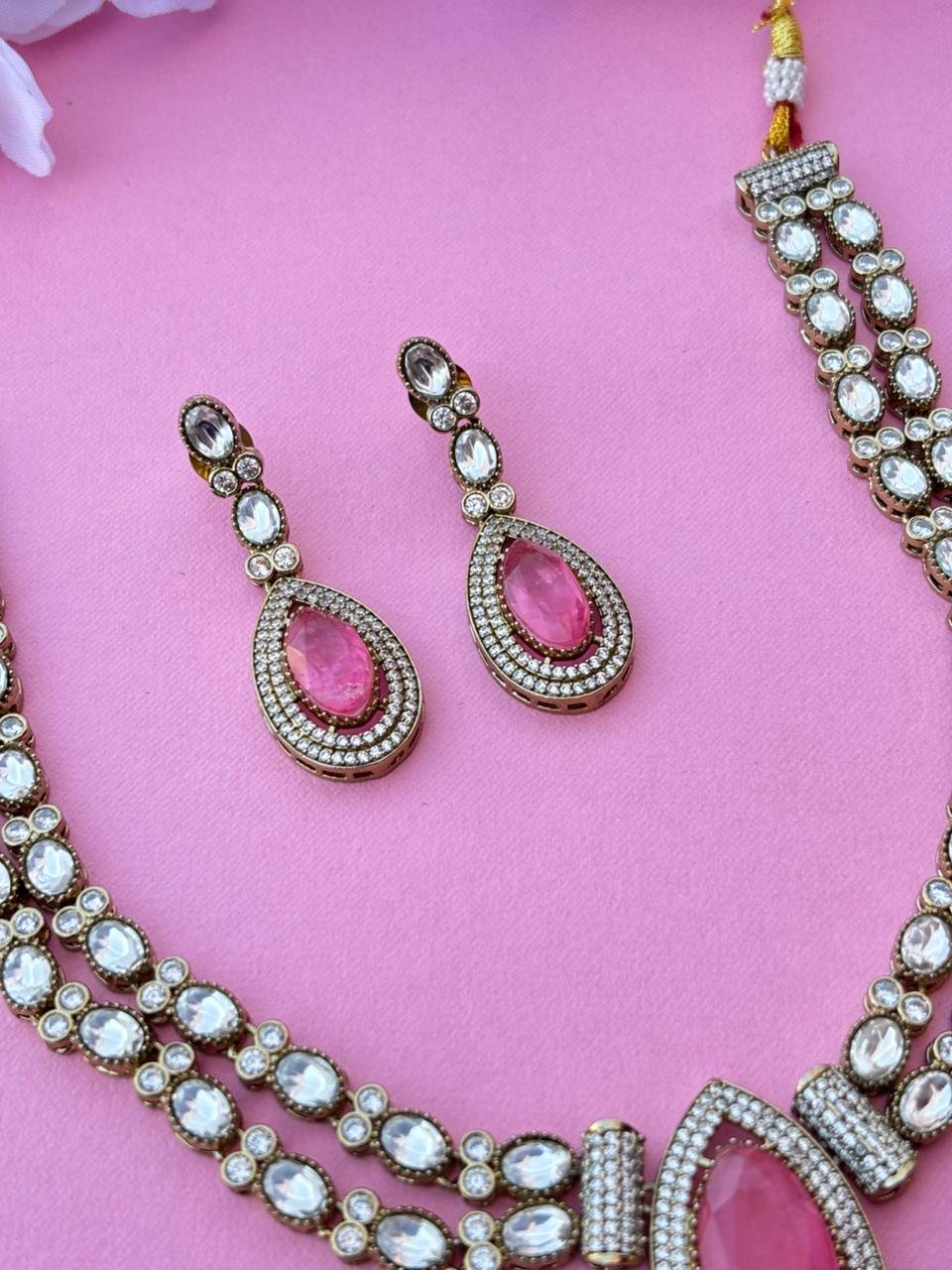 American Diamond Layered Necklace Set With Pink Stone - Image 5