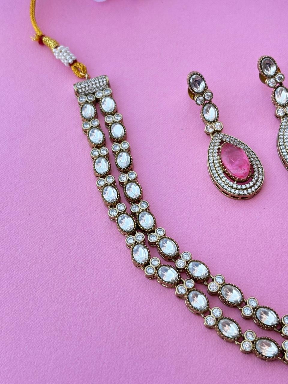 American Diamond Layered Necklace Set With Pink Stone - Image 4
