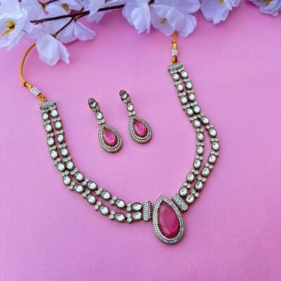American Diamond Layered Necklace Set With Pink Stone