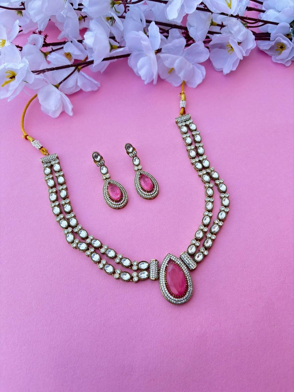 American Diamond Layered Necklace Set With Pink Stone