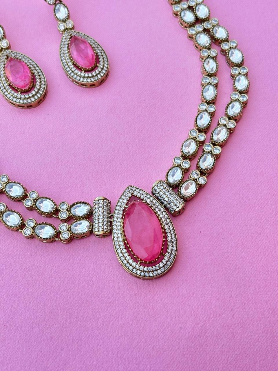 American Diamond Layered Necklace Set With Pink Stone - Image 3