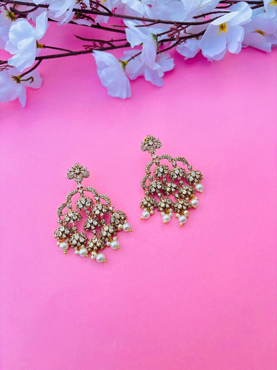 Gold Plated CZ Multi-Jhumki Chandbali Earrings with Pearl Drops for Women, Bridal Wear - Image 2