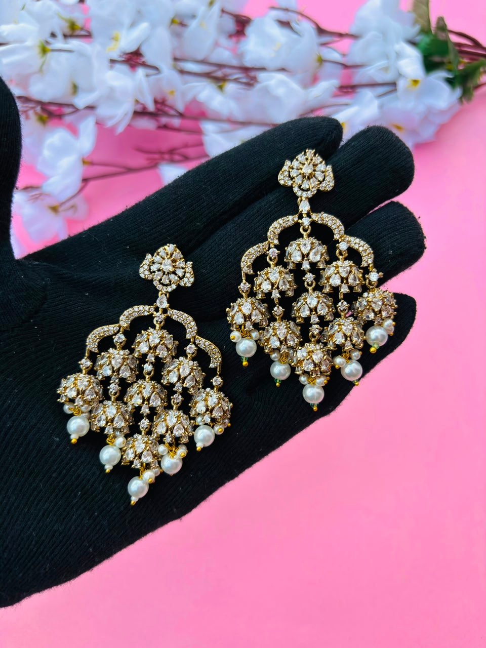 Gold Plated CZ Multi-Jhumki Chandbali Earrings with Pearl Drops for Women, Bridal Wear - Image 3